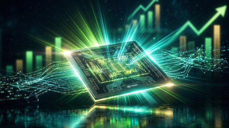 Nvidia AI chip H100 GPU glowing with electric green light rays and holographic upward trending demand graphs representing record high AI chip demand in 2026