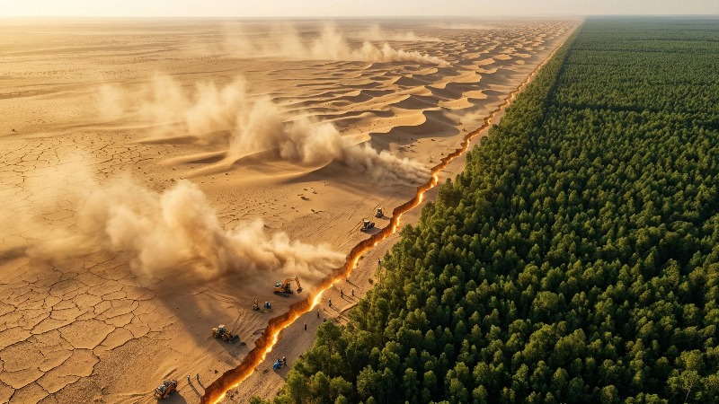 China's Great Green Wall project showing a massive tree barrier separating the expanding Gobi Desert from green forest