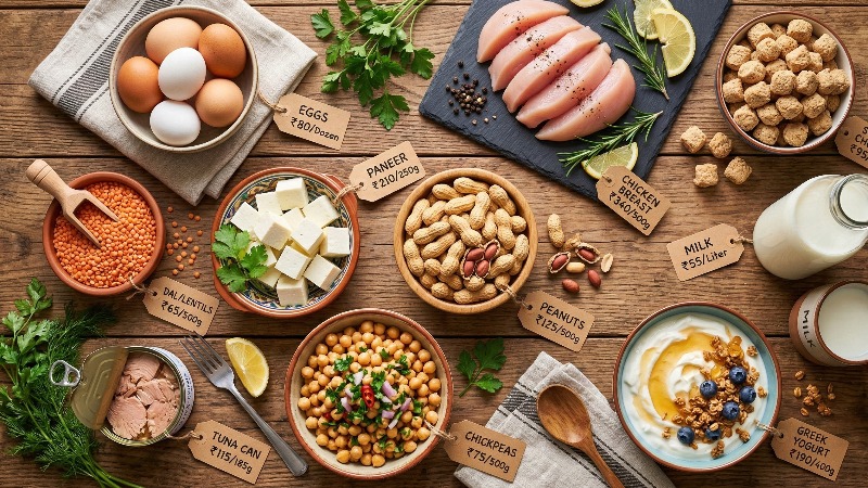 Top 10 high protein foods at affordable price — eggs, lentils, paneer, chickpeas and more arranged as flat lay on wooden surface